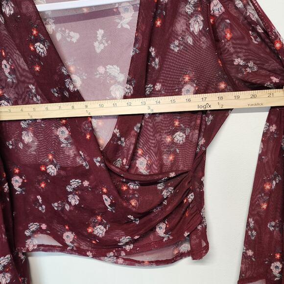 Bongo Mesh Flare Sleeve Blouse Top Size L Plum Wrap Front Boho Y2K Whimsigoth - Picture 9 of 12